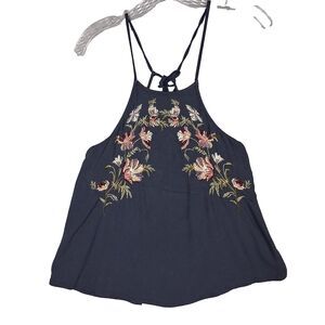 American Eagle AEO Blue Floral Embroidered Tank Cami Small Festival Hippie Boho